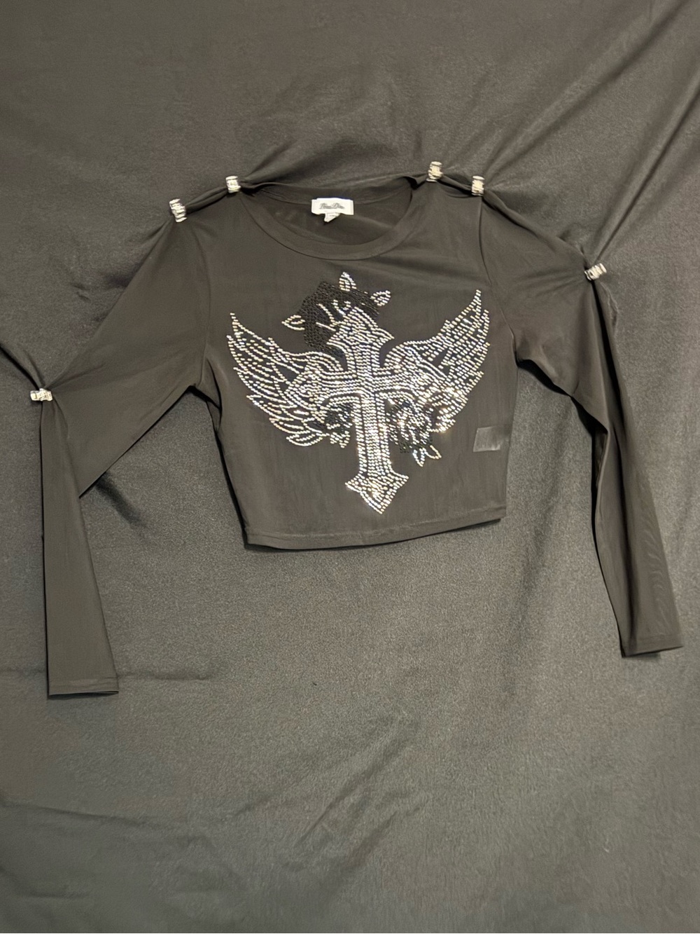 Y2KBlack Sequin Cross Mesh Cropped Long-Sleeve Top